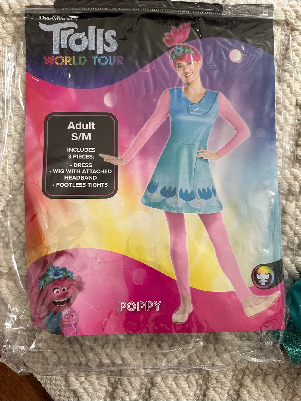 Trolls Adult Poppy Costume — Blue Dress with Pink Tights